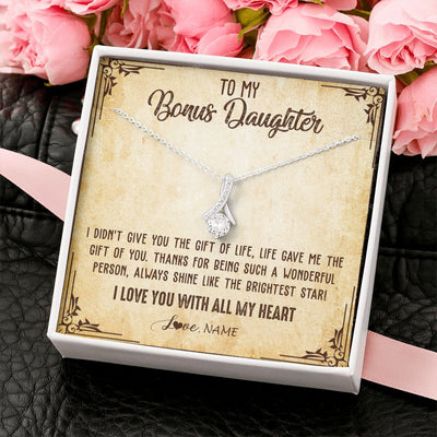 Alluring Beauty Necklace | Personalized To My Bonus Daughter Necklace From Stepmom Stepdad I Love You With All My Heart Stepdaughter Birthday Christmas Customized Gift Box Message Card | siriusteestore