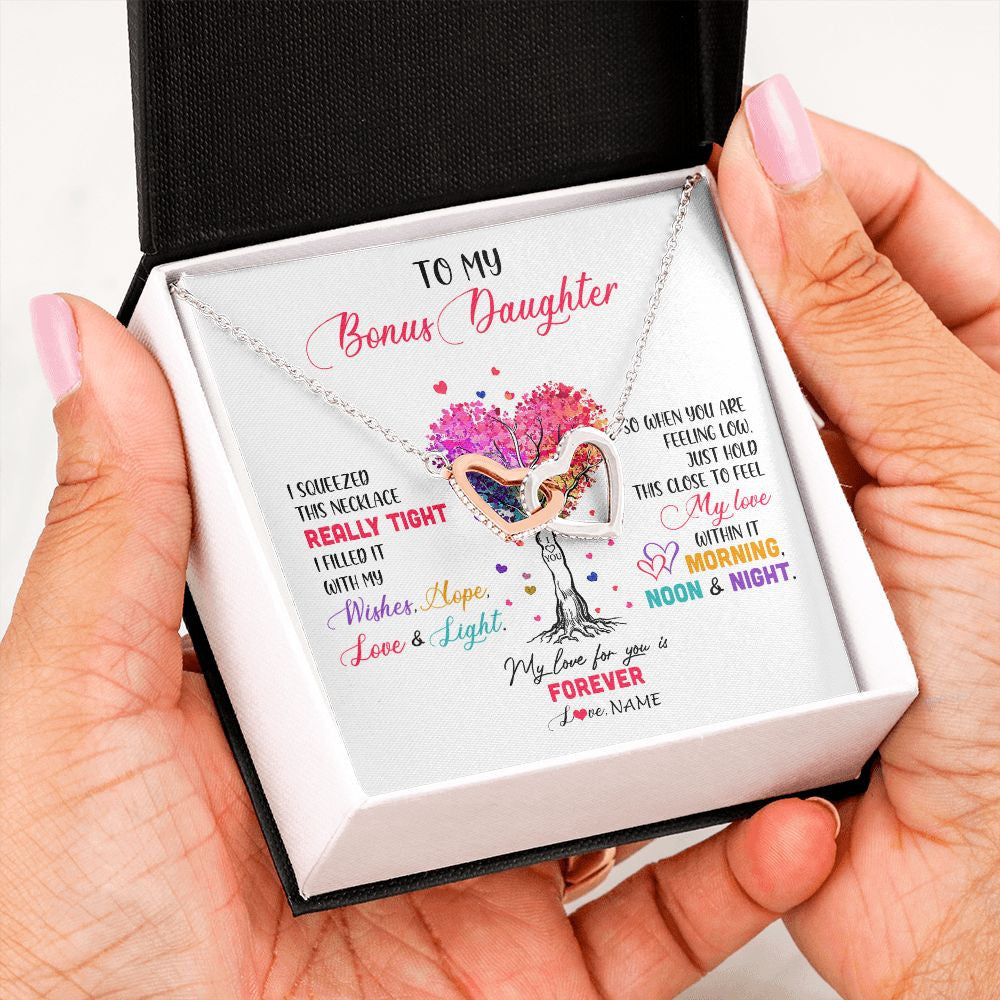 Interlocking Hearts Necklace | Personalized To My Bonus Daughter Necklace From Stepmom Stepdad I Squeezed This Necklace Stepdaughter Birthday Christmas Customized Gift Box Message Card | siriusteestore