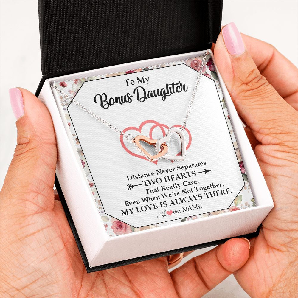 Interlocking Hearts Necklace | Personalized To My Bonus Daughter Necklace From Stepmom Two Hearts Together Stepdaughter Birthday Christmas Customized Gift Box Message Card | siriusteestore