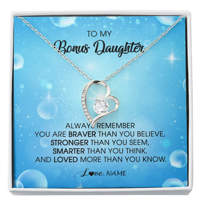 Forever Love Necklace | Personalized To My Bonus Daughter Necklace From Stepmother Always Remember You Are Braver Stepdaughter Jewelry Birthday Christmas Customized Message Card | siriusteestore