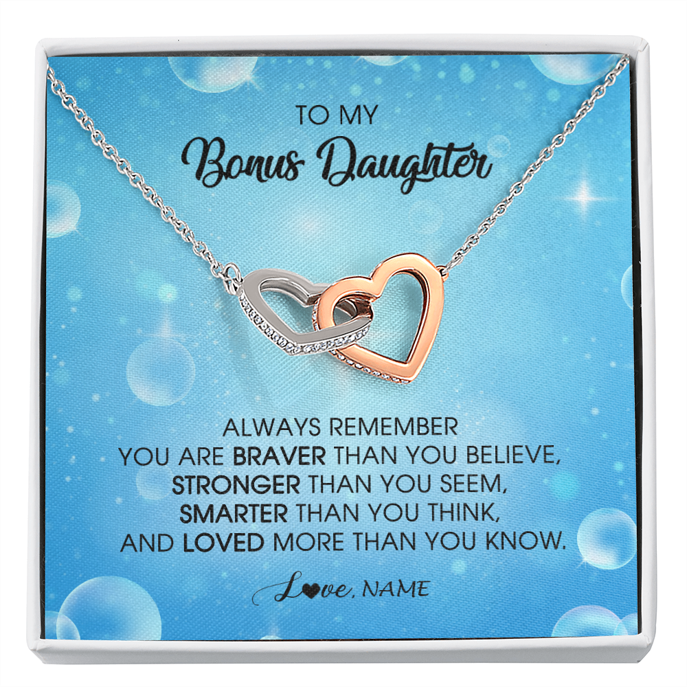 Interlocking Hearts Necklace | Personalized To My Bonus Daughter Necklace From Stepmother Always Remember You Are Braver Stepdaughter Jewelry Birthday Christmas Customized Message Card | siriusteestore