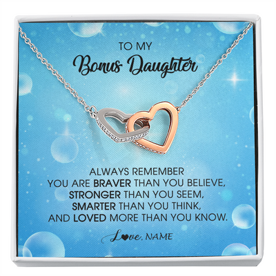 Interlocking Hearts Necklace | Personalized To My Bonus Daughter Necklace From Stepmother Always Remember You Are Braver Stepdaughter Jewelry Birthday Christmas Customized Message Card | siriusteestore