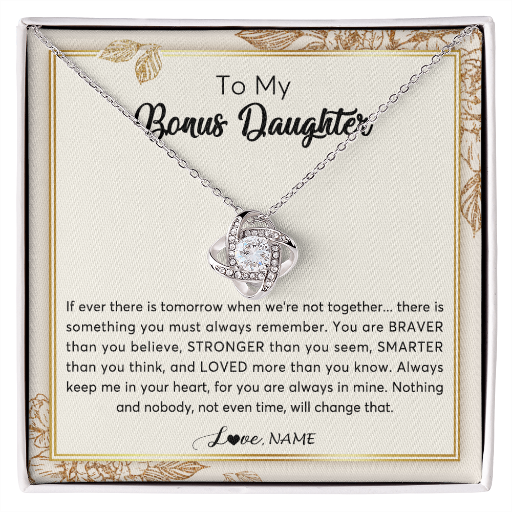 Love Knot Necklace | Personalized To My Bonus Daughter Necklace From Stepmother Braver Stronger Smarter Loved Daughter Jewelry Birthday Christmas Customized Gift Box Message Card | siriusteestore
