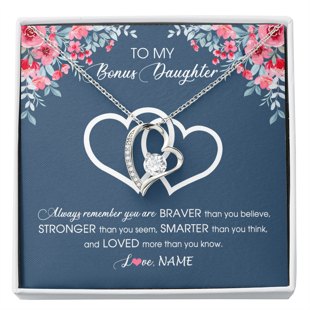 Forever Love Necklace | Personalized To My Bonus Daughter Necklace From Stepmother Braver Stronger Smarter Loved Stepdaughter Jewelry Birthday Christmas Customized Message Card | siriusteestore
