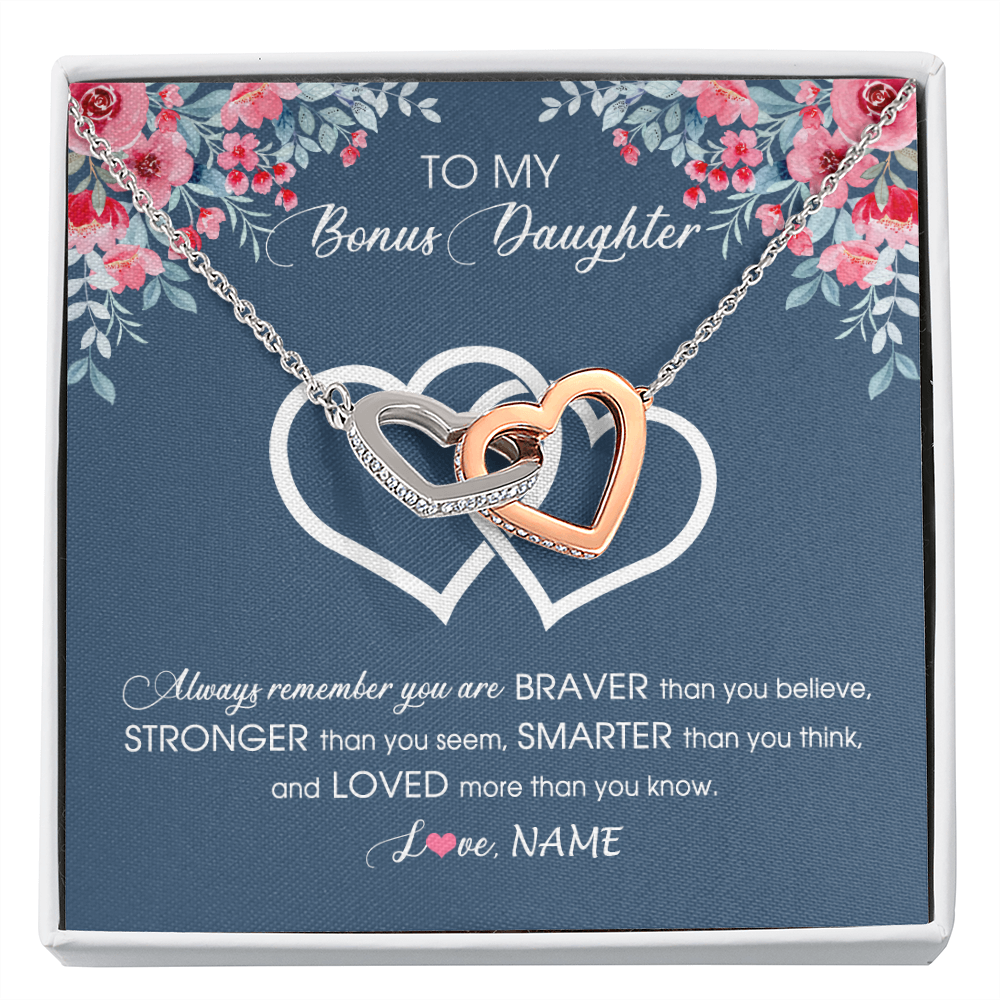 Interlocking Hearts Necklace | Personalized To My Bonus Daughter Necklace From Stepmother Braver Stronger Smarter Loved Stepdaughter Jewelry Birthday Christmas Customized Message Card | siriusteestore