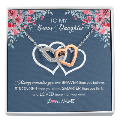 Interlocking Hearts Necklace | Personalized To My Bonus Daughter Necklace From Stepmother Braver Stronger Smarter Loved Stepdaughter Jewelry Birthday Christmas Customized Message Card | siriusteestore