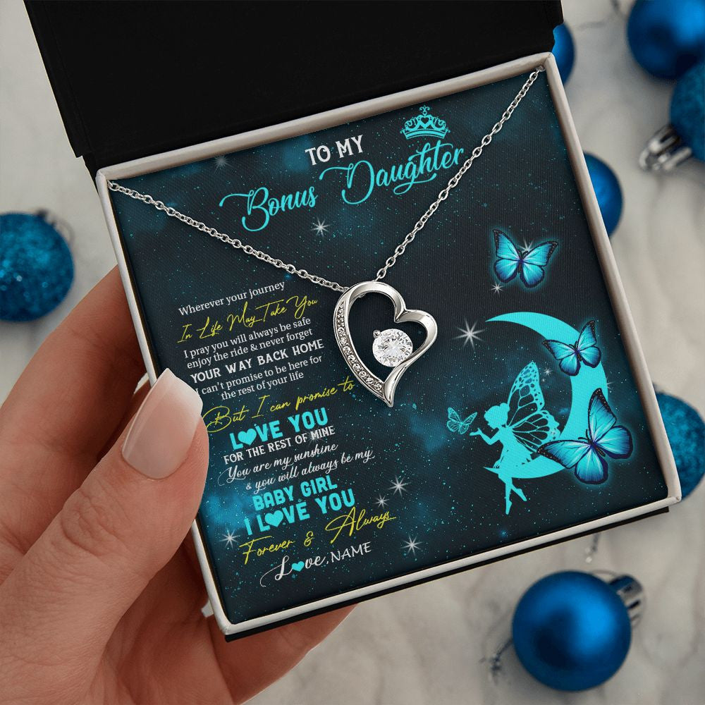 Forever Love Necklace | Personalized To My Bonus Daughter Necklace From Stepmother Fairy Silhouette Fantasy Moon Stepdaughter Birthday Christmas Customized Gift Box Message Card | siriusteestore