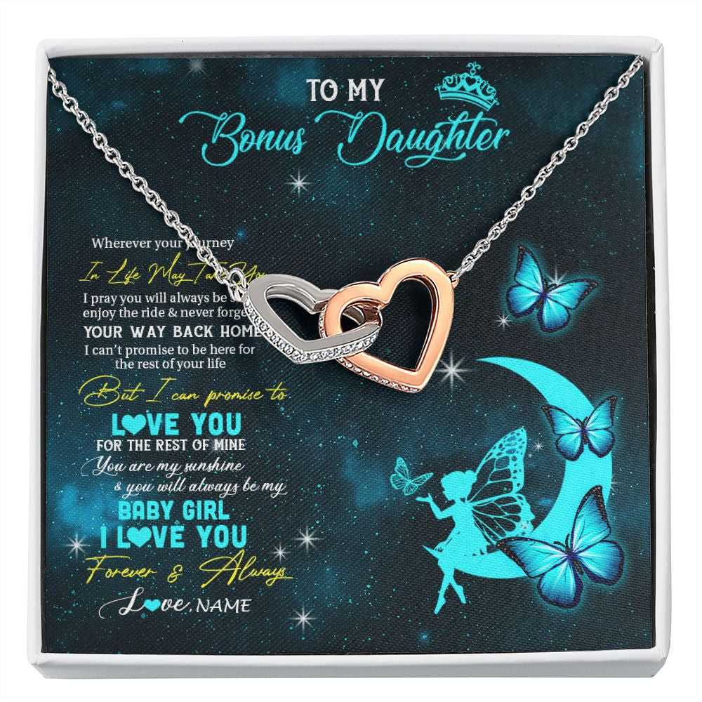 Interlocking Hearts Necklace | Personalized To My Bonus Daughter Necklace From Stepmother Fairy Silhouette Fantasy Moon Stepdaughter Birthday Christmas Customized Gift Box Message Card | siriusteestore