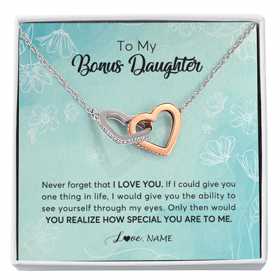 Interlocking Hearts Necklace | Personalized To My Bonus Daughter Necklace From Stepmother Flower Never Forget I Love You Stepdaughter Jewelry Birthday Customized Gift Box Message Card | siriusteestore