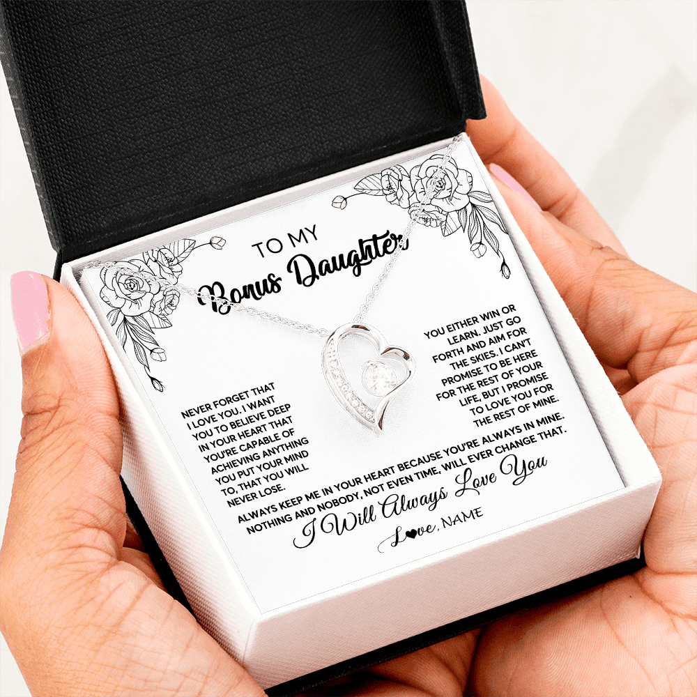 Forever Love Necklace | Personalized To My Bonus Daughter Necklace From Stepmother Never Forget That I Love You Step Daughter Birthday Christmas Customized Gift Box Message Card | siriusteestore