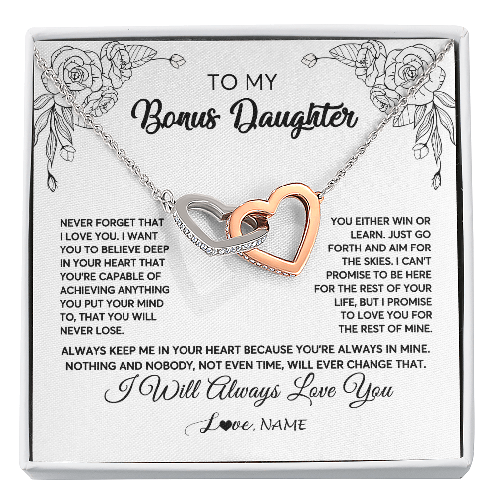 Interlocking Hearts Necklace | Personalized To My Bonus Daughter Necklace From Stepmother Never Forget That I Love You Step Daughter Birthday Christmas Customized Gift Box Message Card | siriusteestore