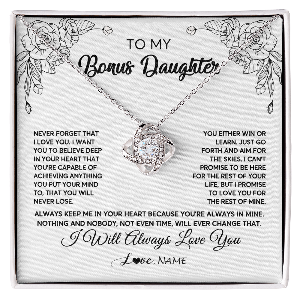 Love Knot Necklace | Personalized To My Bonus Daughter Necklace From Stepmother Never Forget That I Love You Step Daughter Birthday Christmas Customized Gift Box Message Card | siriusteestore