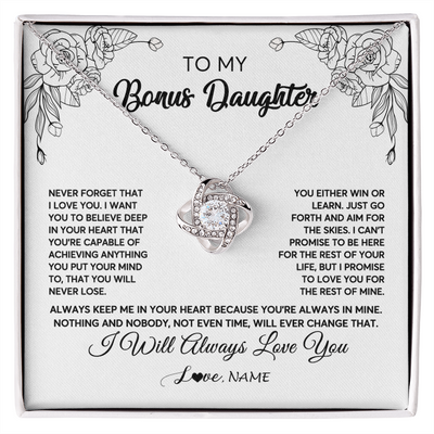 Love Knot Necklace | Personalized To My Bonus Daughter Necklace From Stepmother Never Forget That I Love You Step Daughter Birthday Christmas Customized Gift Box Message Card | siriusteestore