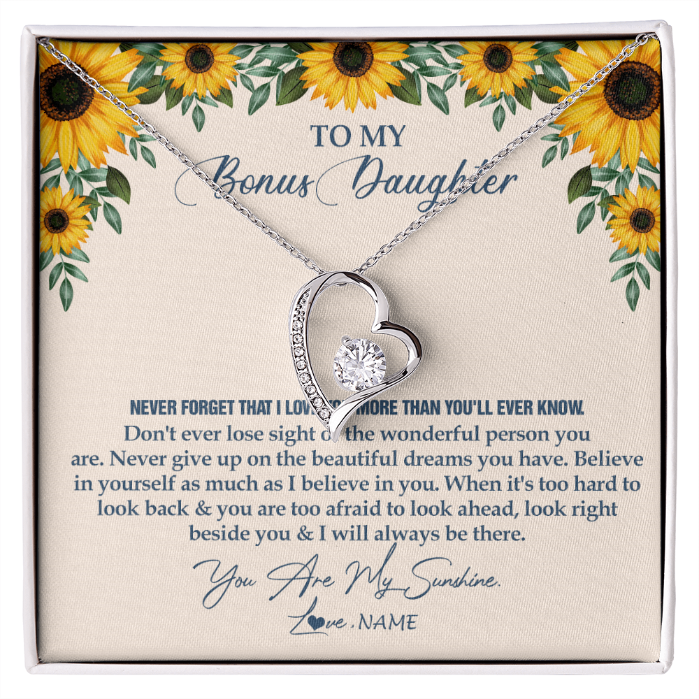 Forever Love Necklace | Personalized To My Bonus Daughter Necklace From Stepmother Stepdad Sunflower You Are My Sunshine Stepdaughter Jewelry Birthday Customized Gift Box Message Card | siriusteestore