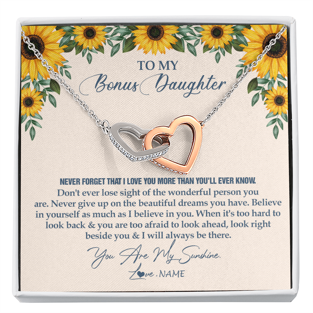 Interlocking Hearts Necklace | Personalized To My Bonus Daughter Necklace From Stepmother Stepdad Sunflower You Are My Sunshine Stepdaughter Jewelry Birthday Customized Gift Box Message Card | siriusteestore