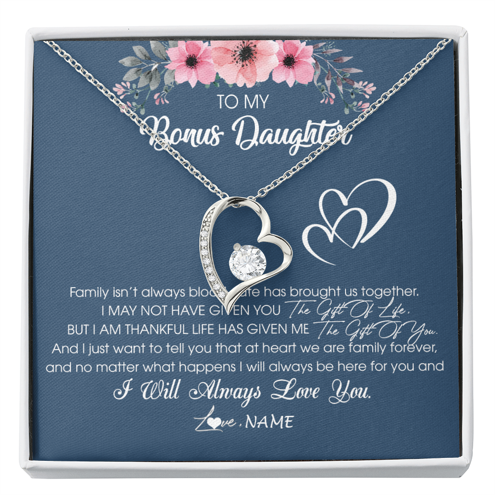 Forever Love Necklace | Personalized To My Bonus Daughter Necklace From Stepmother Stepfather I Will Always Love You Stepdaughter Jewelry Birthday Christmas Customized Message Card | siriusteestore