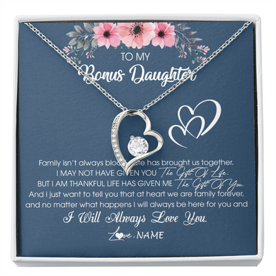 Forever Love Necklace | Personalized To My Bonus Daughter Necklace From Stepmother Stepfather I Will Always Love You Stepdaughter Jewelry Birthday Christmas Customized Message Card | siriusteestore