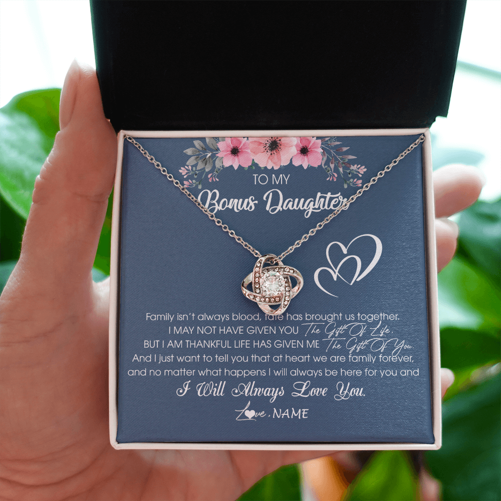 Love Knot Necklace | Personalized To My Bonus Daughter Necklace From Stepmother Stepfather I Will Always Love You Stepdaughter Jewelry Birthday Christmas Customized Message Card | siriusteestore