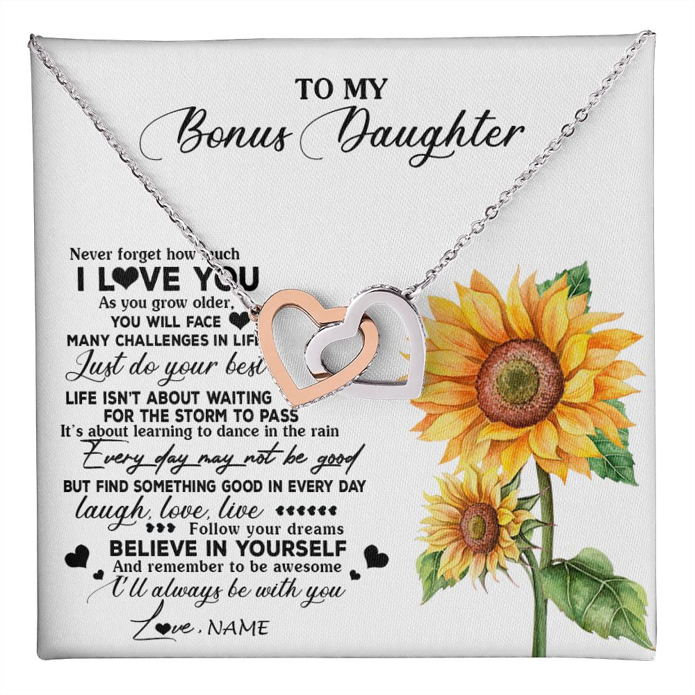 Interlocking Hearts Necklace | Personalized To My Bonus Daughter Necklace From Stepmother Sunflower Wood Laugh Love Live Stepdaughter Birthday Christmas Customized Gift Box Message Card | siriusteestore