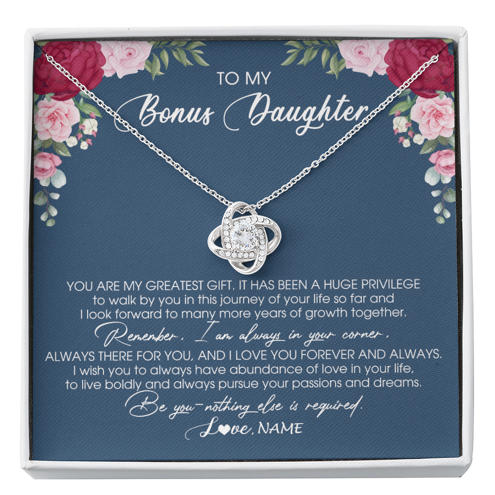 Love Knot Necklace | Personalized To My Bonus Daughter Necklace From Stepmother You Are My Greatest Gift Stepdaughter Birthday Customized Jewelry Gift Box Message Card | siriusteestore