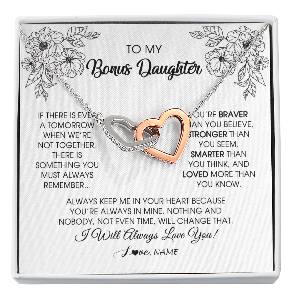 Interlocking Hearts Necklace | Personalized To My Bonus Daughter Necklace From Stepmother You're Braver Stronger Smarter Stepdaughter Birthday Customized Jewelry Gift Box Message Card | siriusteestore