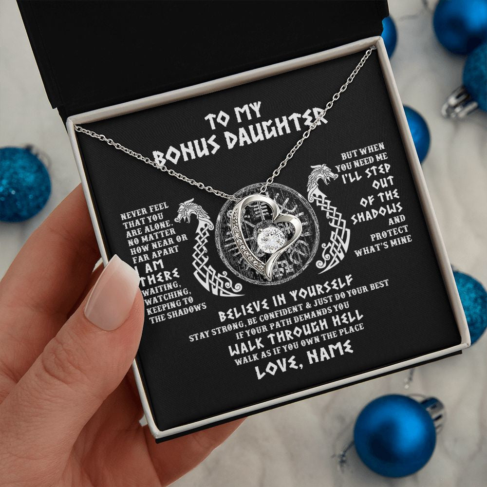 Forever Love Necklace | Personalized To My Bonus Daughter Necklace Viking Never Feel You Are Alone Odin Scandinavian Norse Runes Birthday Christmas Customized Gift Box Message Card | siriusteestore