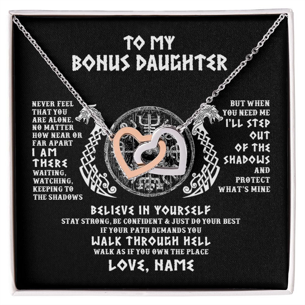Interlocking Hearts Necklace | Personalized To My Bonus Daughter Necklace Viking Never Feel You Are Alone Odin Scandinavian Norse Runes Birthday Christmas Customized Gift Box Message Card | siriusteestore
