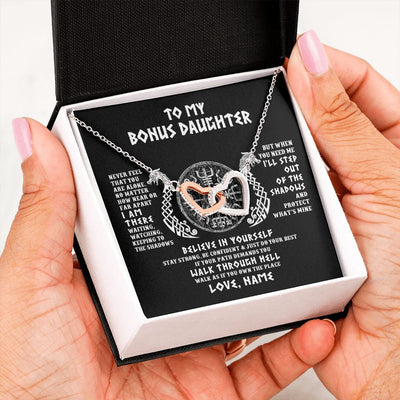 Interlocking Hearts Necklace | Personalized To My Bonus Daughter Necklace Viking Never Feel You Are Alone Odin Scandinavian Norse Runes Birthday Christmas Customized Gift Box Message Card | siriusteestore