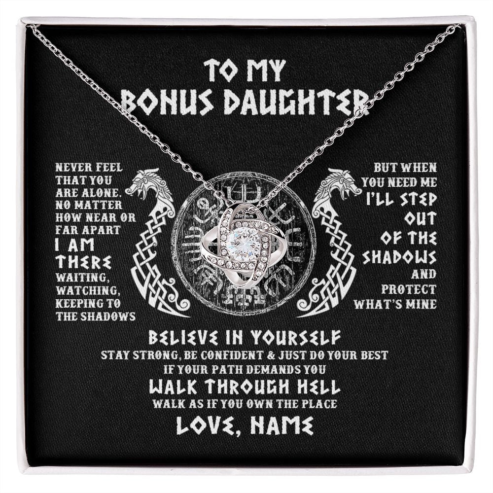 Love Knot Necklace | Personalized To My Bonus Daughter Necklace Viking Never Feel You Are Alone Odin Scandinavian Norse Runes Birthday Christmas Customized Gift Box Message Card | siriusteestore