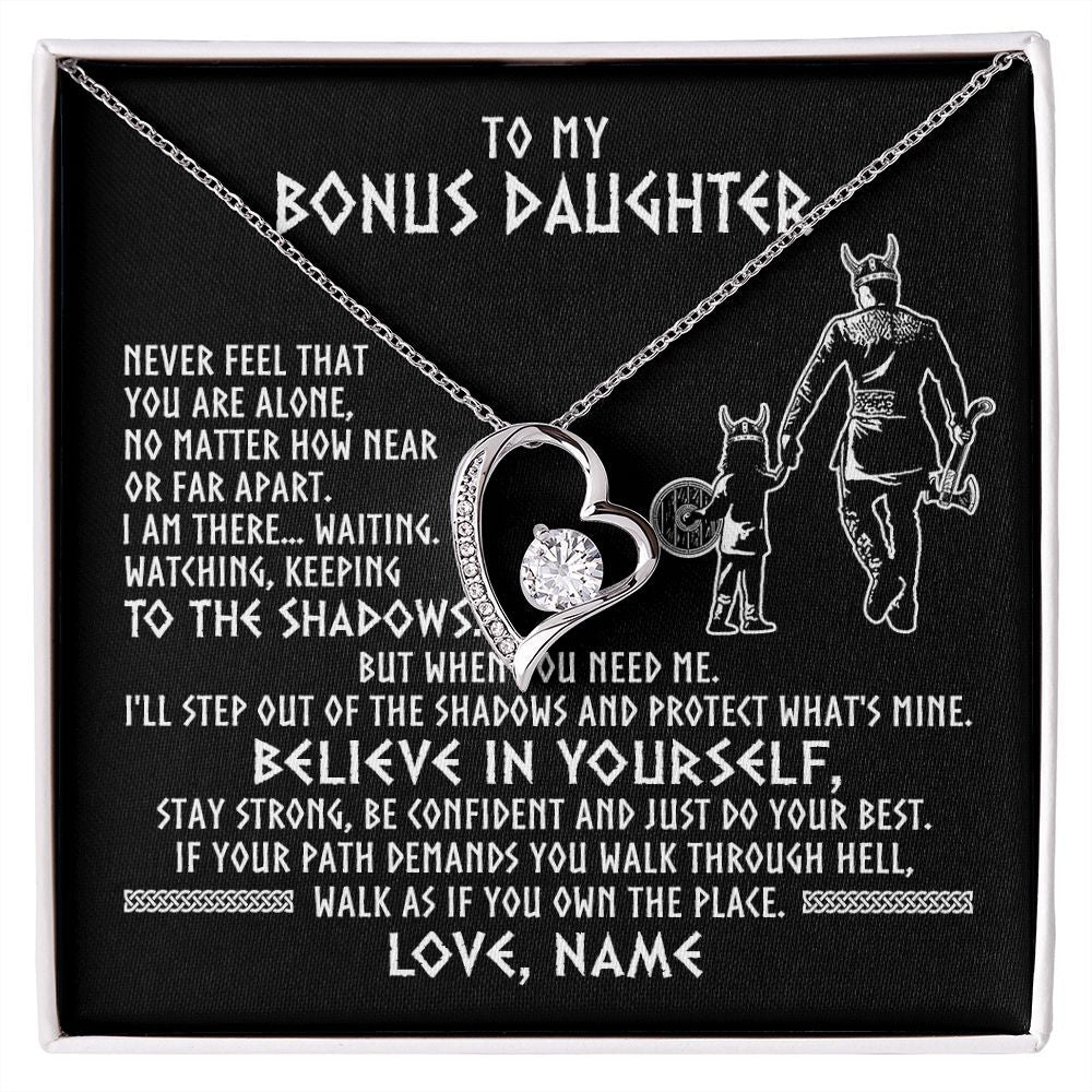 Forever Love Necklace | Personalized To My Bonus Daughter Necklace Viking Never Feel You Are Alone Scandinavian Runes Viking Stepdaughter Christmas Customized Gift Box Message Card | siriusteestore