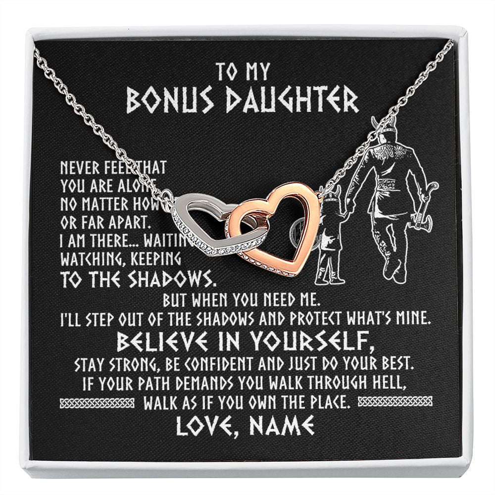 Interlocking Hearts Necklace | Personalized To My Bonus Daughter Necklace Viking Never Feel You Are Alone Scandinavian Runes Viking Stepdaughter Christmas Customized Gift Box Message Card | siriusteestore