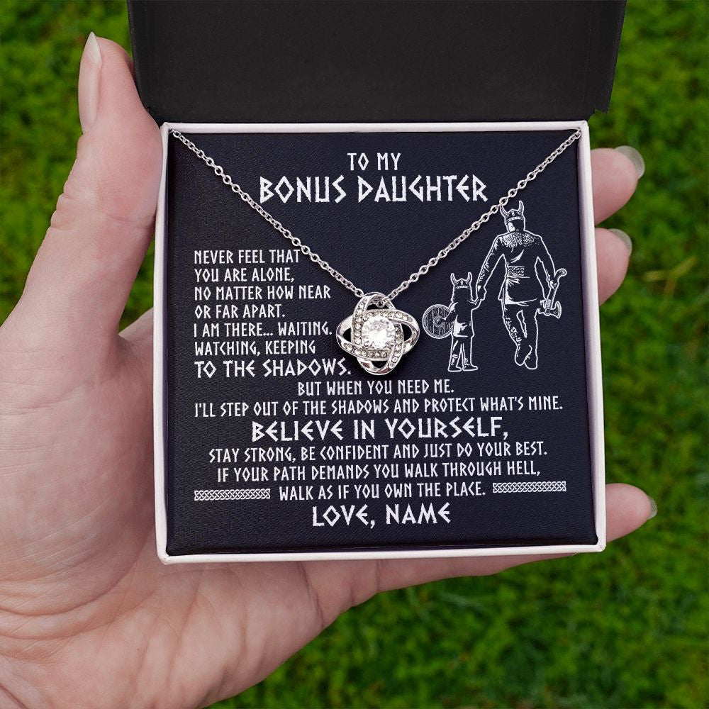 Love Knot Necklace | Personalized To My Bonus Daughter Necklace Viking Never Feel You Are Alone Scandinavian Runes Viking Stepdaughter Christmas Customized Gift Box Message Card | siriusteestore
