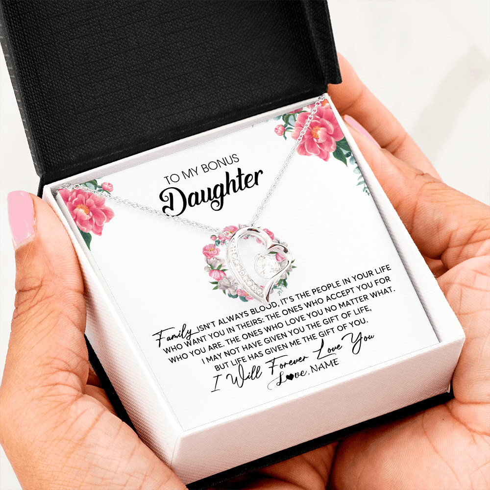 Forever Love Necklace | Personalized To My Bonus Daughter Necklace from Stepmom Family Isn't Always Blood Step Daughter Jewelry Birthday Christmas Customized Gift Box Message Card | siriusteestore