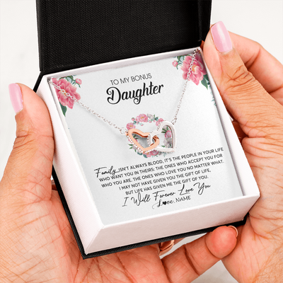 Interlocking Hearts Necklace | Personalized To My Bonus Daughter Necklace from Stepmom Family Isn't Always Blood Step Daughter Jewelry Birthday Christmas Customized Gift Box Message Card | siriusteestore