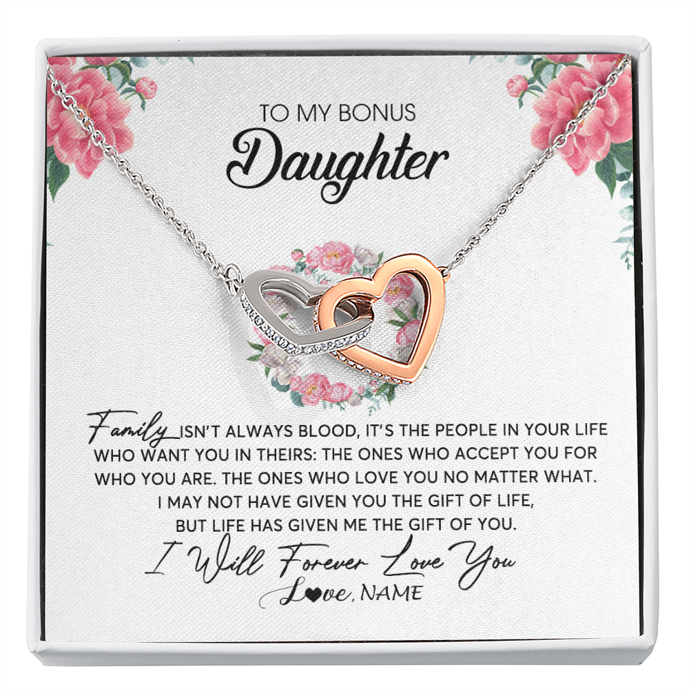 Interlocking Hearts Necklace | Personalized To My Bonus Daughter Necklace from Stepmom Family Isn't Always Blood Step Daughter Jewelry Birthday Christmas Customized Gift Box Message Card | siriusteestore