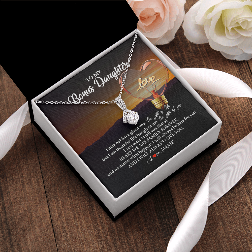 Alluring Beauty Necklace | Personalized To My Bonus Daughter Necklace from Stepmom Stepdad I Will Always Love You Stepdaughter Jewelry Birthday Wedding Christmas Customized Message Card | siriusteestore