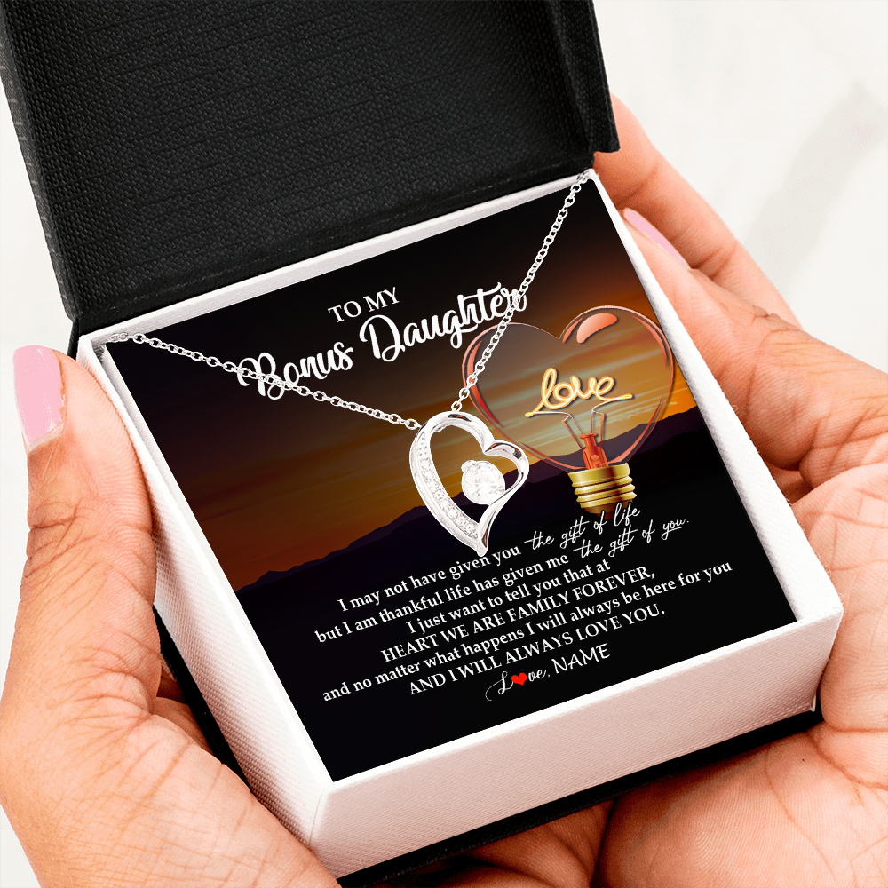 Forever Love Necklace | Personalized To My Bonus Daughter Necklace from Stepmom Stepdad I Will Always Love You Stepdaughter Jewelry Birthday Wedding Christmas Customized Message Card | siriusteestore