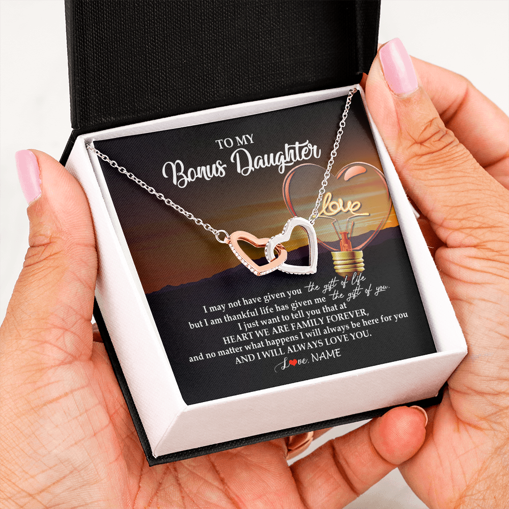 Interlocking Hearts Necklace | Personalized To My Bonus Daughter Necklace from Stepmom Stepdad I Will Always Love You Stepdaughter Jewelry Birthday Wedding Christmas Customized Message Card | siriusteestore