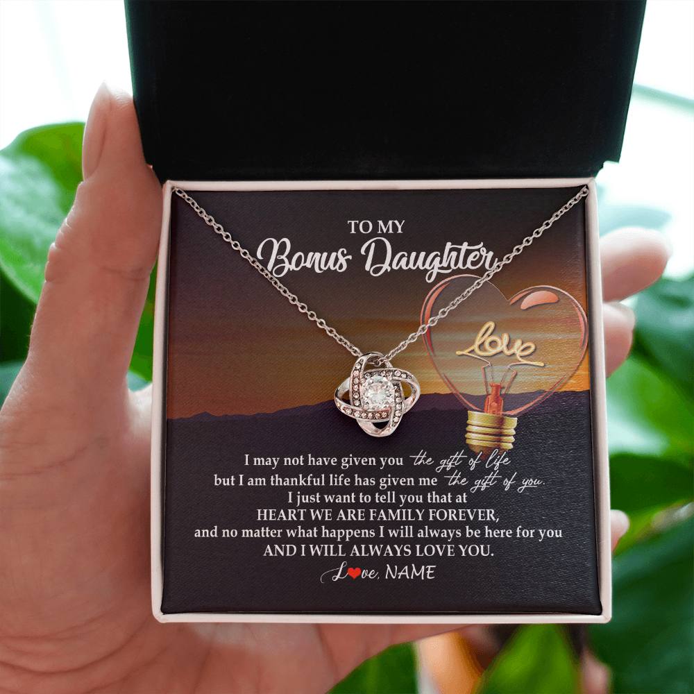 Love Knot Necklace | Personalized To My Bonus Daughter Necklace from Stepmom Stepdad I Will Always Love You Stepdaughter Jewelry Birthday Wedding Christmas Customized Message Card | siriusteestore