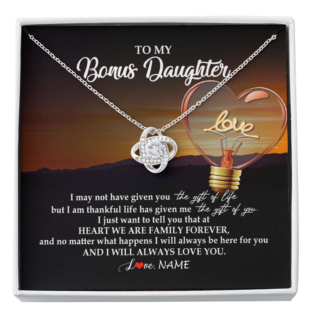 Love Knot Necklace | Personalized To My Bonus Daughter Necklace from Stepmom Stepdad I Will Always Love You Stepdaughter Jewelry Birthday Wedding Christmas Customized Message Card | siriusteestore