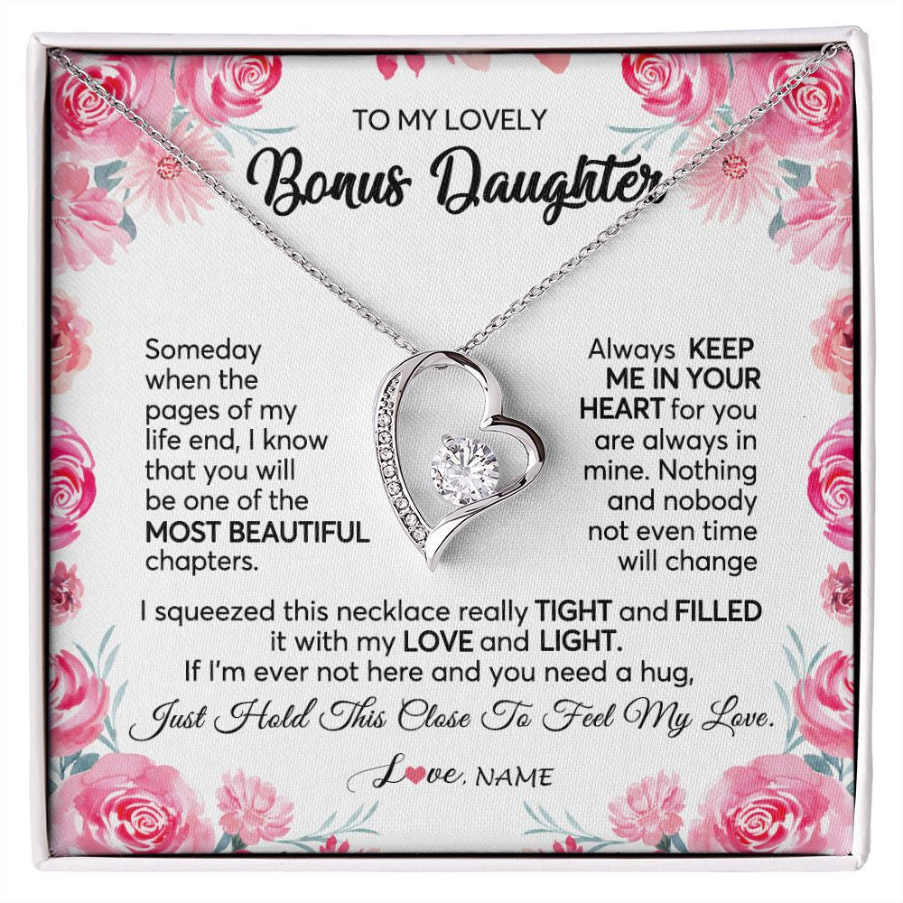 Forever Love Necklace | Personalized To My Bonus Daughter Necklace from Stepmother Always Keep Me in Your Heart Stepdaughter Birthday Christmas Customized Gift Box Message Card | siriusteestore