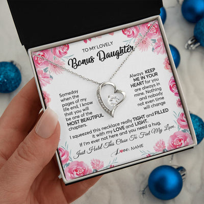Forever Love Necklace | Personalized To My Bonus Daughter Necklace from Stepmother Always Keep Me in Your Heart Stepdaughter Birthday Christmas Customized Gift Box Message Card | siriusteestore