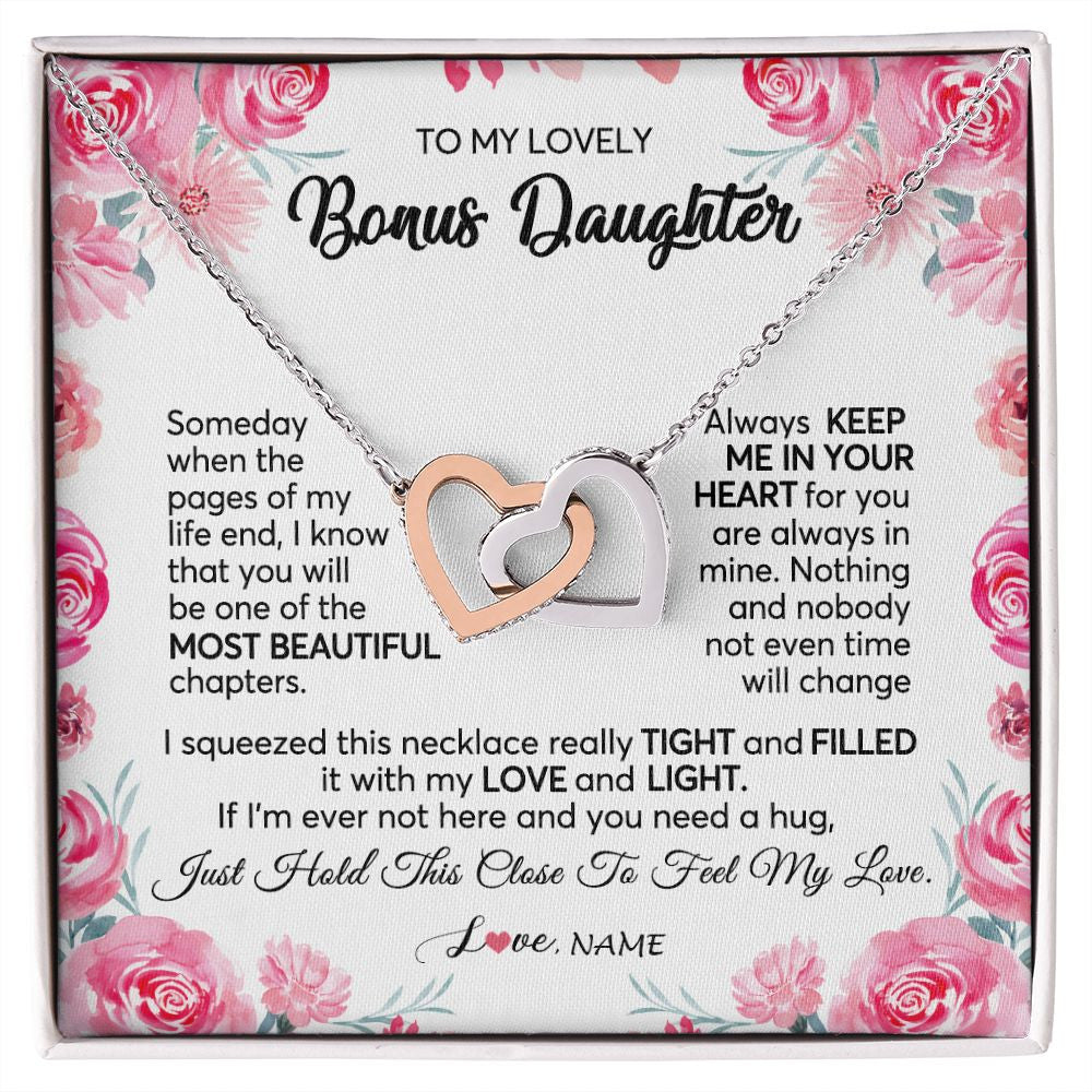 Interlocking Hearts Necklace | Personalized To My Bonus Daughter Necklace from Stepmother Always Keep Me in Your Heart Stepdaughter Birthday Christmas Customized Gift Box Message Card | siriusteestore