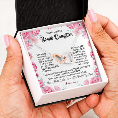 Interlocking Hearts Necklace | Personalized To My Bonus Daughter Necklace from Stepmother Always Keep Me in Your Heart Stepdaughter Birthday Christmas Customized Gift Box Message Card | siriusteestore