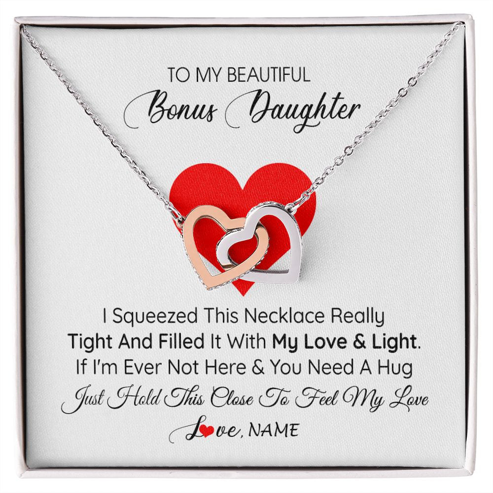 Interlocking Hearts Necklace | Personalized To My Bonus Daughter Necklace from Stepmother I Squeezed This Necklace Stepdaughter Birthday Graduation Christmas Customized Gift Box Message Card | siriusteestore