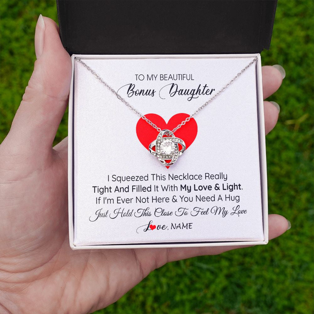 Love Knot Necklace | Personalized To My Bonus Daughter Necklace from Stepmother I Squeezed This Necklace Stepdaughter Birthday Graduation Christmas Customized Gift Box Message Card | siriusteestore