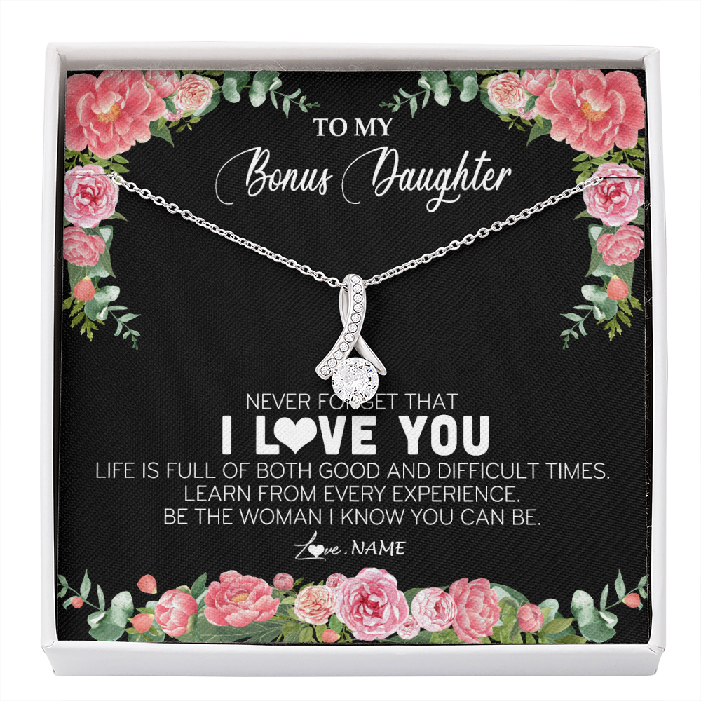 Alluring Beauty Necklace | Personalized To My Bonus Daughter Necklace from Stepmother Never Forget I Love You Floral Jewelry for Stepdaughter Birthday Christmas Customized Message Card | siriusteestore