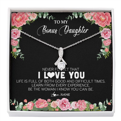 Alluring Beauty Necklace | Personalized To My Bonus Daughter Necklace from Stepmother Never Forget I Love You Floral Jewelry for Stepdaughter Birthday Christmas Customized Message Card | siriusteestore