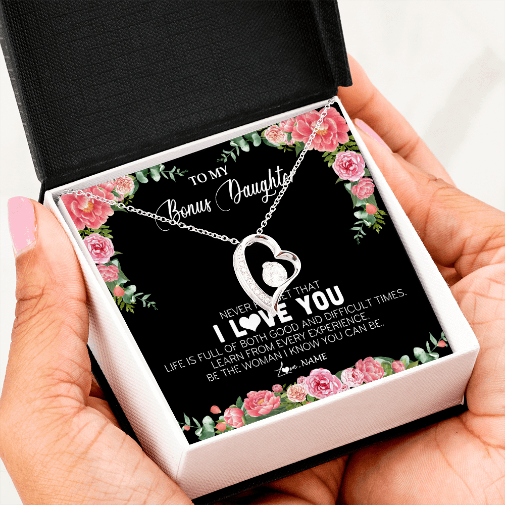 Forever Love Necklace | Personalized To My Bonus Daughter Necklace from Stepmother Never Forget I Love You Floral Jewelry for Stepdaughter Birthday Christmas Customized Message Card | siriusteestore