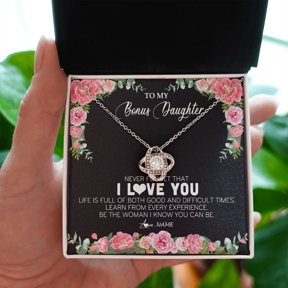 Love Knot Necklace | Personalized To My Bonus Daughter Necklace from Stepmother Never Forget I Love You Floral Jewelry for Stepdaughter Birthday Christmas Customized Message Card | siriusteestore